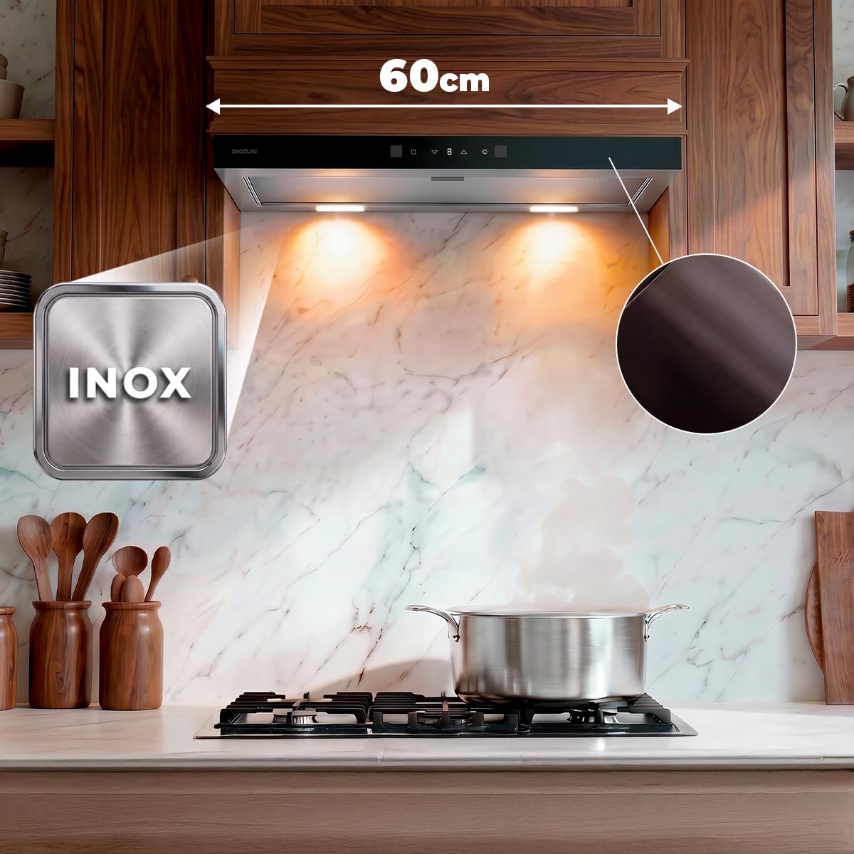 Cecotec Okap teleskopowy 60 cm Bolero Flux TLT 604400 Glass Black A+++. Ssanie 431,2 m³/h, niskie zużycie prądu, silnik DC, kontrola ruchu i dotyk, szkło przednie czarny, korpus ze stali nierdzewnej