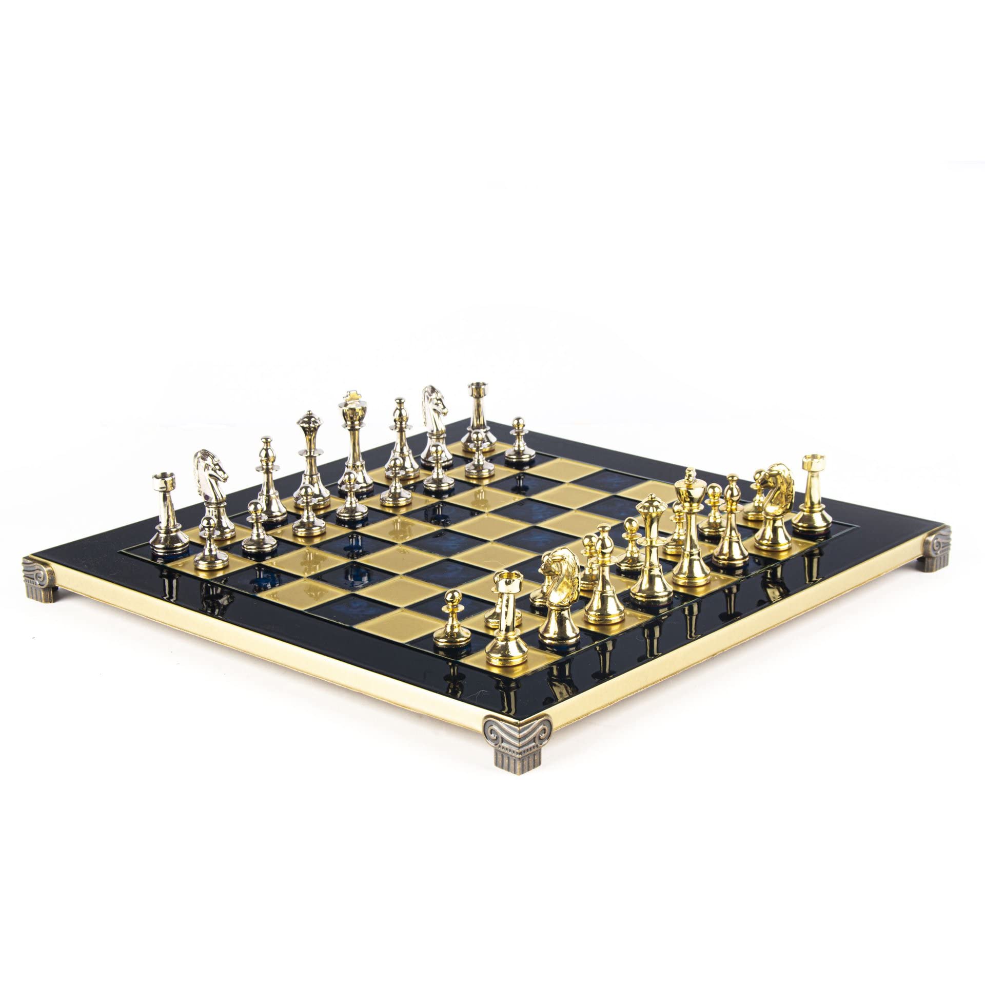 Manopoulos Staunton Schach-Set aus Metall, klassisches Design, Messing, Nickel, blaue Schachbrett-Figuren