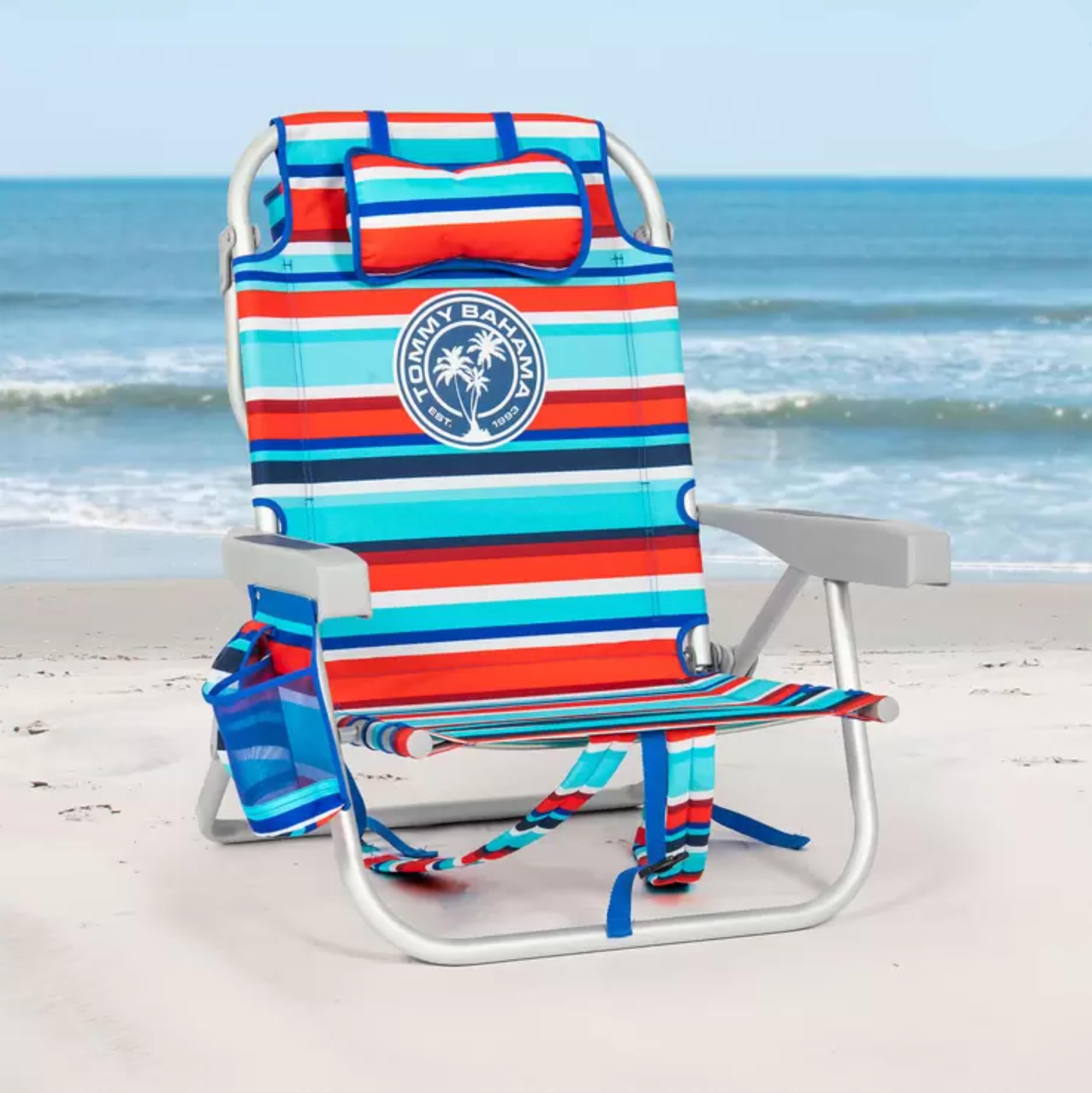 Tommy Bahama Sedia da Spiaggia Zaino Modello 2025 – Pieghevole, Regolabile e Leggera | 5 Posizioni | Design Tropicale | Struttura in Alluminio | Righe Rosse/Verde Acqua