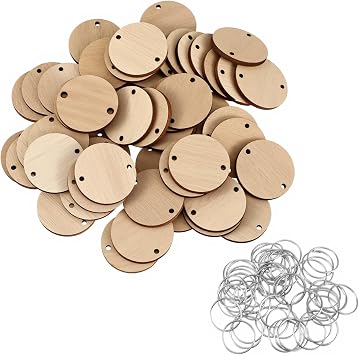 50 PCS Wooden Circles with Holes 1/0.6 inch Unfinished Blank Wood Circle Pendants or Crafts, Wooden Earring Blanks, Small Discs for Decoration, DIY Embellishment with 50 Pieces Rings