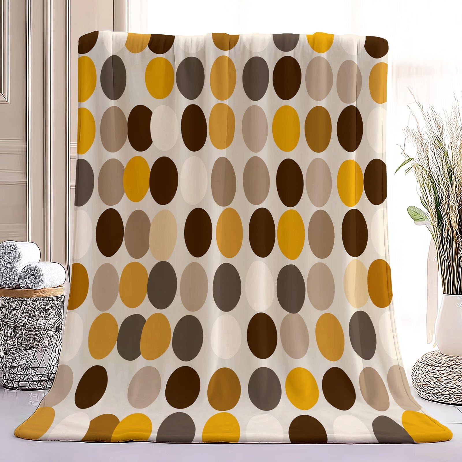 Przytulny koc 180 x 220 cm, koc polarowy w stylu retro, geometryczny nadruk, flanelowy, miękki, ciepły, puszysty koc w kropki, koła, na kanapę, sofę, do biura, łóżka, w podróż, brązowo-żółty