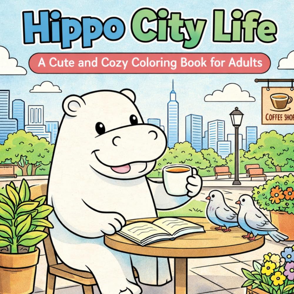 Hippo City Life: A Cute and Cozy Coloring Book for Adults