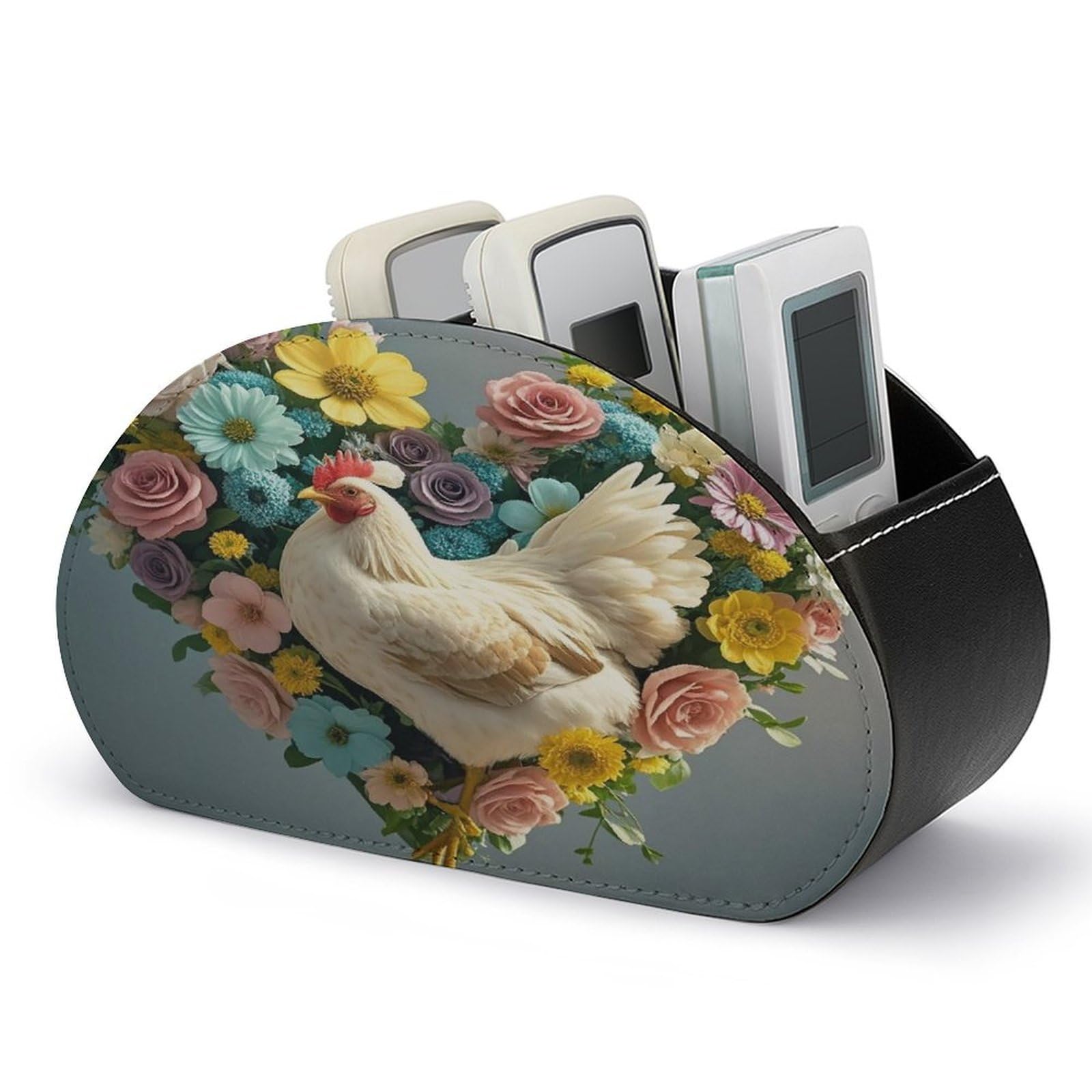 FekiLoot Flower Heart Chicken Remote Control Holder with 5 Compartments Multi-functional TV Remote Caddy Organizer Leather TV Remote Holder Desktop Organizer Store for Bedside Table Office Desk