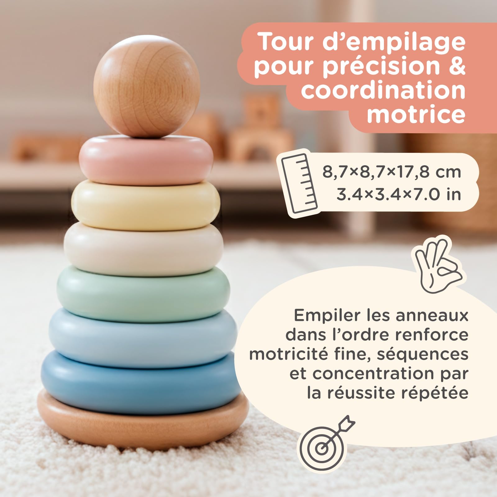 Nene Toys Jouet Montessori en Bois 3-en-1 pour Bébé 1 an – Arc-en-Ciel en Bois, Tour à Empiler & Jeu d’Encastrement – Jouet d’Éveil Enfant 1–3 Ans – Idée Cadeau Fille Garçon – Couleurs Pastel