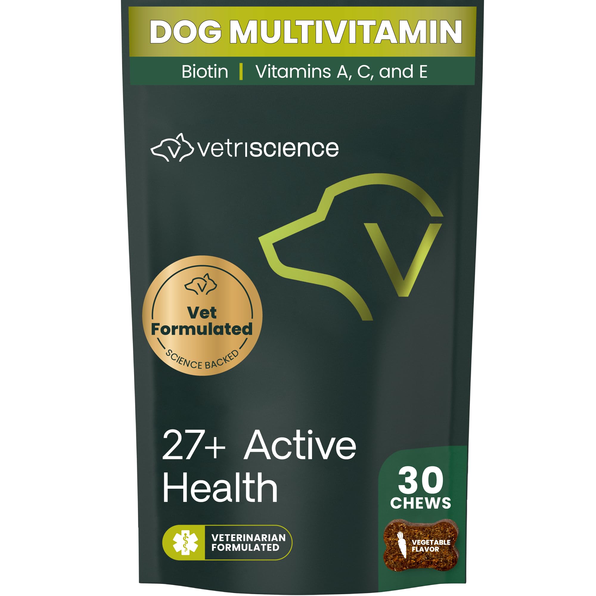 VetriScience 27+ Active Health Chews, Canine Plus Daily Multivitamin for Puppies and Adult Dogs, Balanced Vitamins, Minerals & Antioxidants, Health and Wellness Support, Veggie, 30 Count