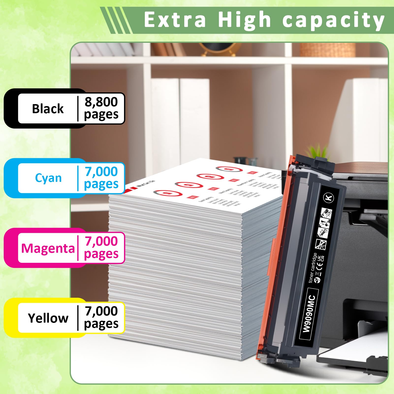 Paquete de 4 cartuchos de tóner HP W9090MC, cartucho de tinta de alta capacidad de repuesto W9090MC W9091MC W9093MC W9092MC para impresora HP Color Managed E47528f E45028dn MFP (negro, cian, magenta y