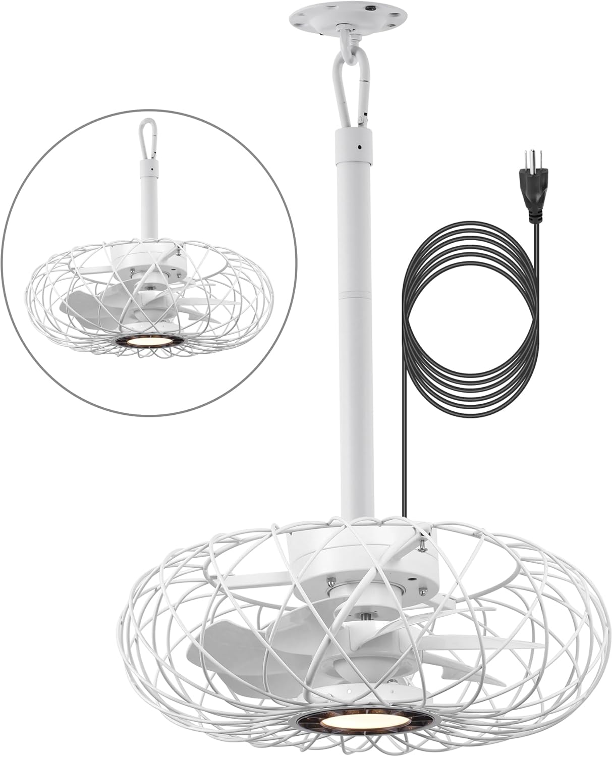 White Outdoor Ceiling Fans with LED Light, 15" Waterproof Gazebo Fan Plug in Caged Industrial Fandelier Ceiling Fan with Remote, 6 Speeds Adjustable Height Fan for Bedroom Living Room Pergola