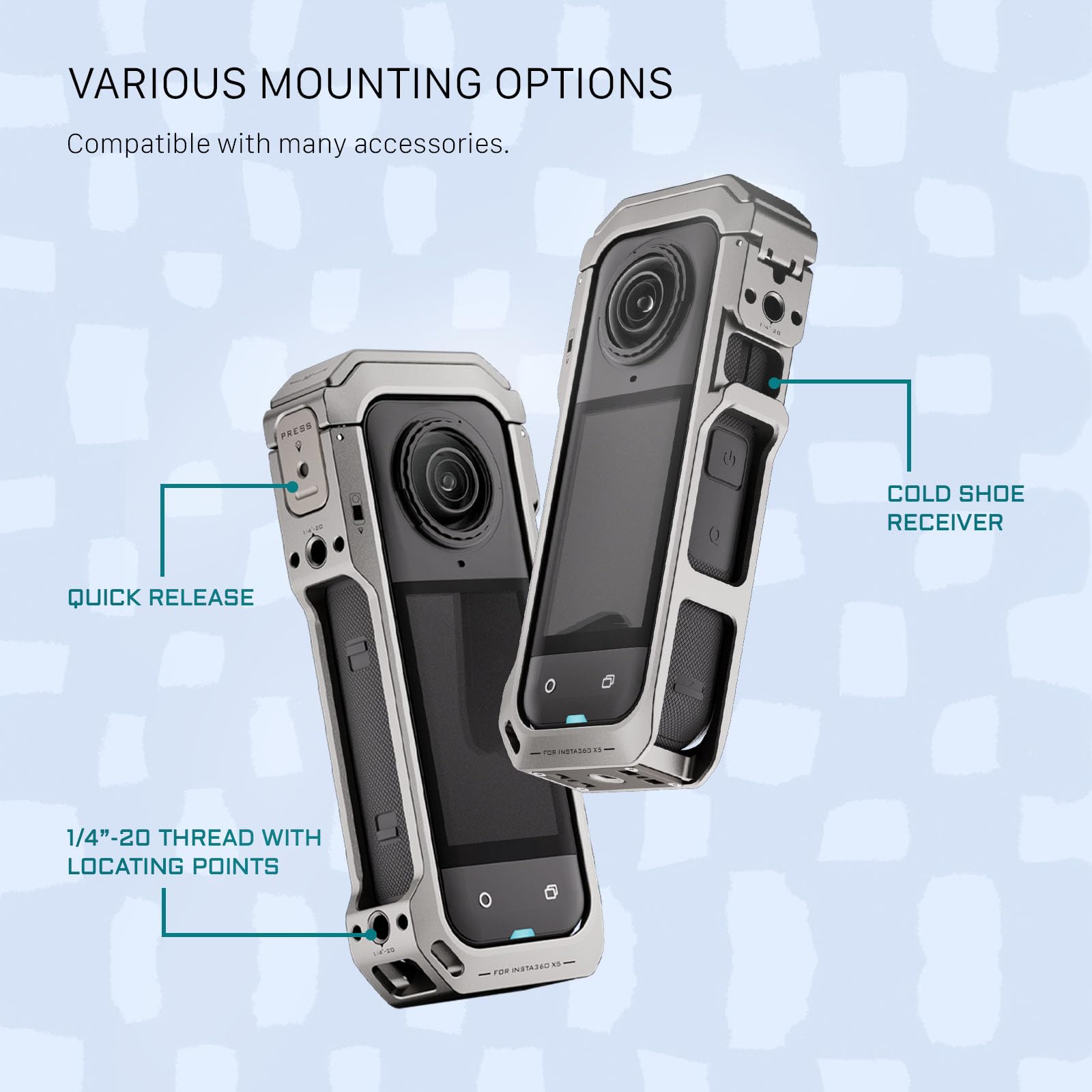 Tilta Jaula Insta360 X5, Jaula Completa para Cámara Compatible con Insta360 X5 con Roscas de 1/4”-20, Receptor de Zapata Fría - Gris Titanio TA-T90-FCC-TG