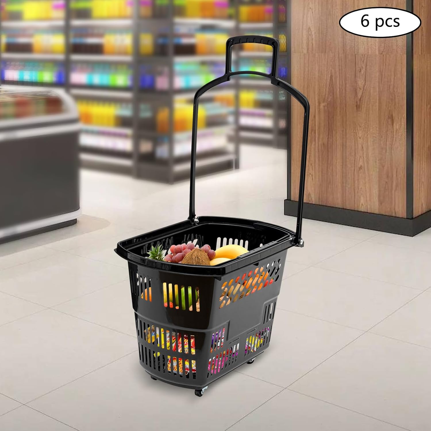 Shopping Carts with Wheels and Handle, Basket Plastic Rolling, Portable Shopping Basket Set in Supermarkets and Retail Stores