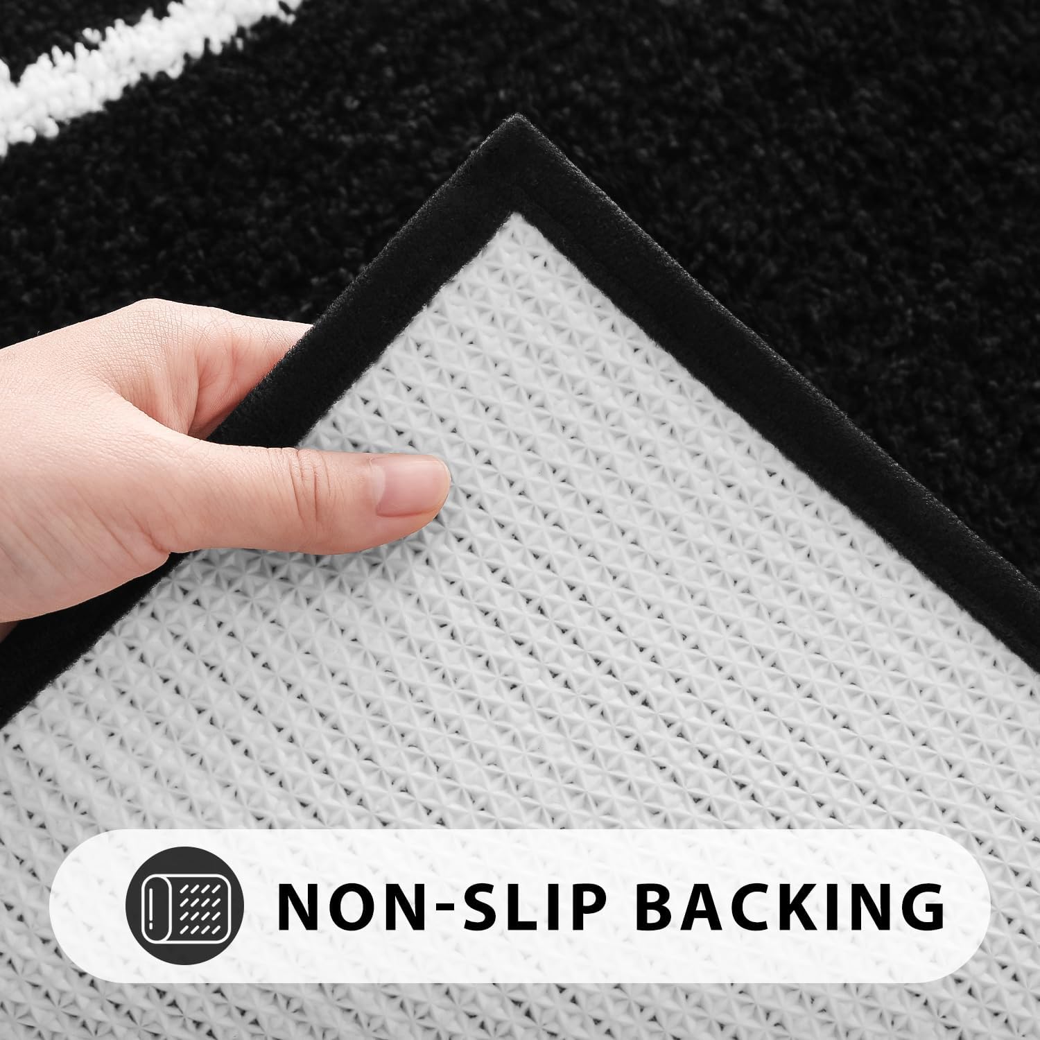 Uphome Juego de 3 tapetes de baño de microfibra suave lanuda con tapete de inodoro en forma de U, absorbentes, antideslizantes, lavables, tapetes de baño modernos geométricos negros para fregadero,