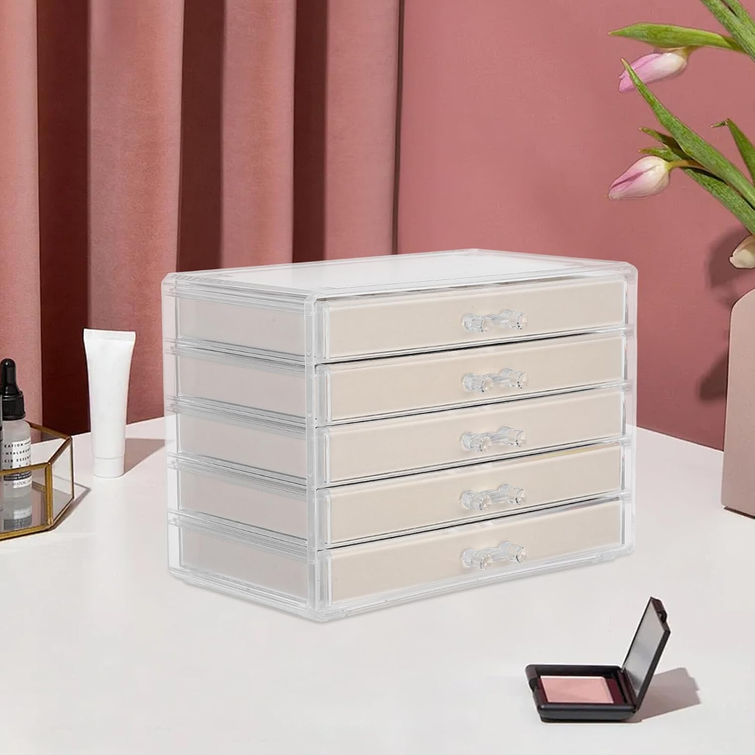 Alipis Acrylic Jewelry Organizer Box 5-drawer Jewelry Storage with Velvet Lining Earring and Ring Display Case for Desktop Storage in Beige