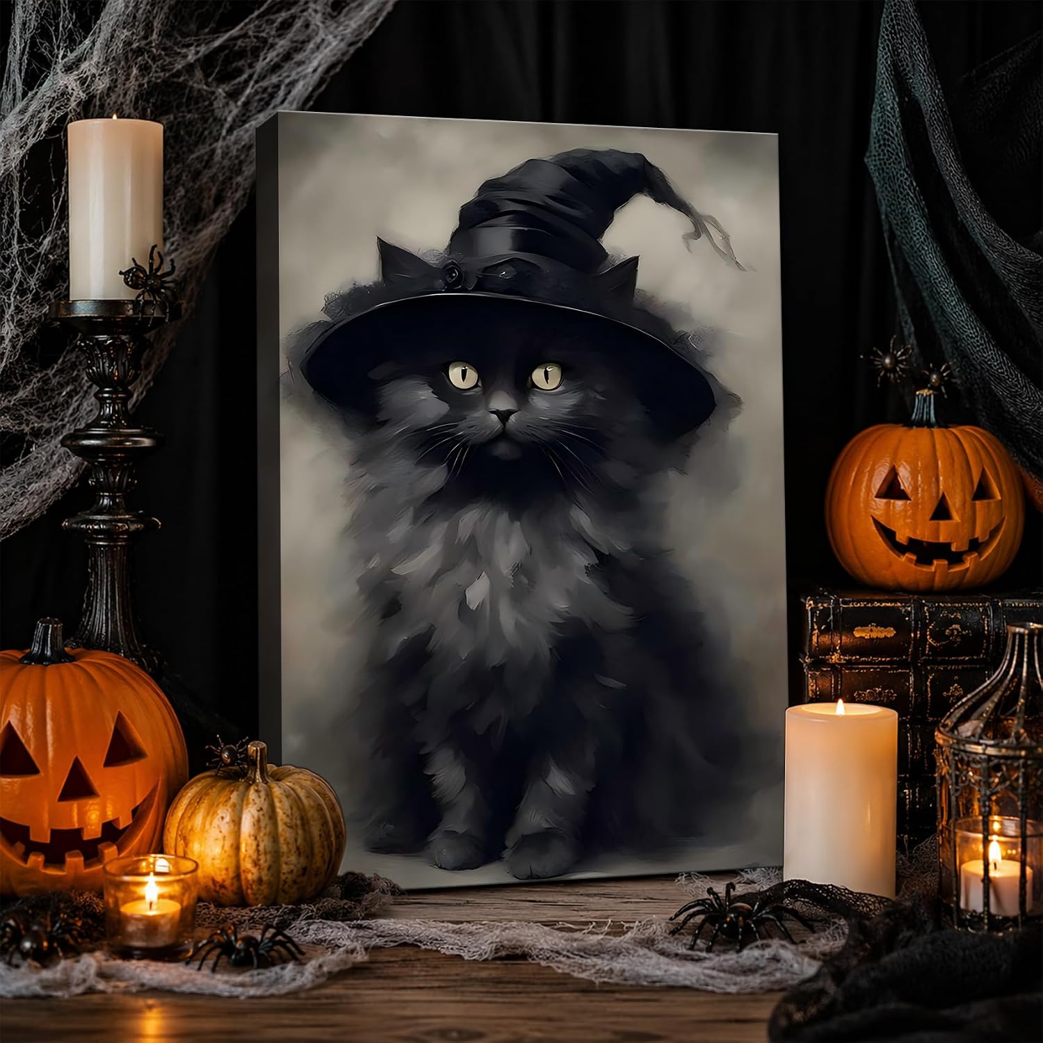 Framed Halloween Black Cat Canvas Wall Art, Cute Witch Kitten Wearing a Magic Hat, Gothic Wall Decor Picture for Living Room, Bedroom, Bathroom, Entryway, Farmhouse Halloween Decoration image 2