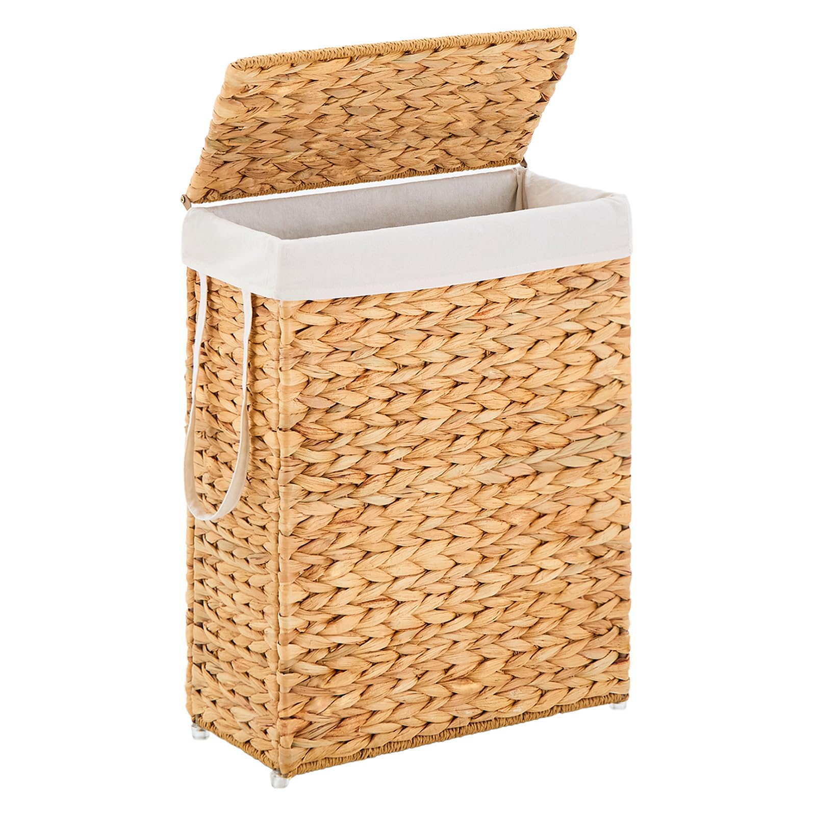 LGENHOOM Handwoven Slim Laundry Hamper with Lid, 55L Natural Water Hyacinth Basket and Handles, Narrow Wicker Laundry Basket with Removable Liner Bag 2 Mesh Bags