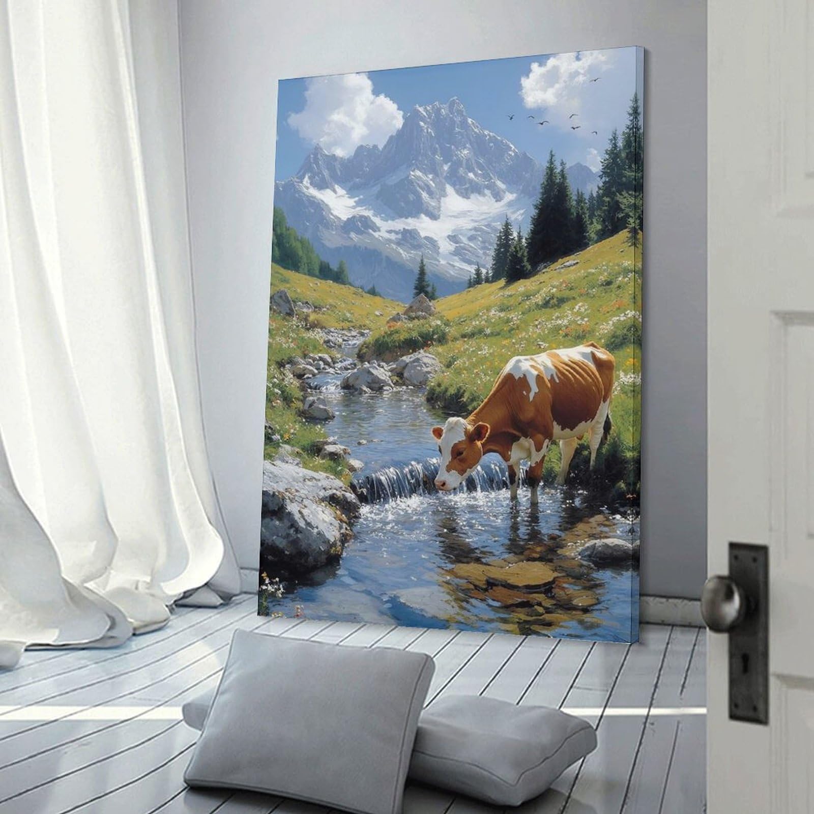 Junmoney Frame-Style-5 Cow Drinking Water In Mountain Landscape Canvas Wall Decor, 24X36inch(60X90cm), For Wall Displays, Bedrooms Or Room Updates, Wall Decor Suited To Curated Displays