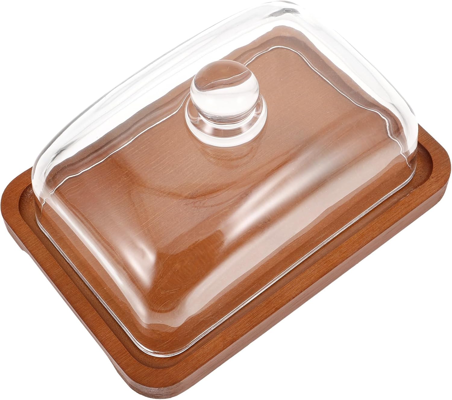 Wood Butter Dish with Glass Dome Cover Rectangular Reusable Butter Keeper Tray Dark Wood Serving Plate Cheese and Desserts Practical Home Tableware for Kitchen and Dining