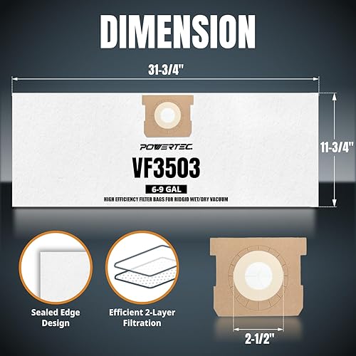 Vista 11 de POWERTEC VF3501 - Bolsas de aspiradora tamaño C para Ridgid, paquete de 10, 3-4.5 galones, 23738 bolsas de vacío para Ridgid 4000RV, WD40700 Wet Dry