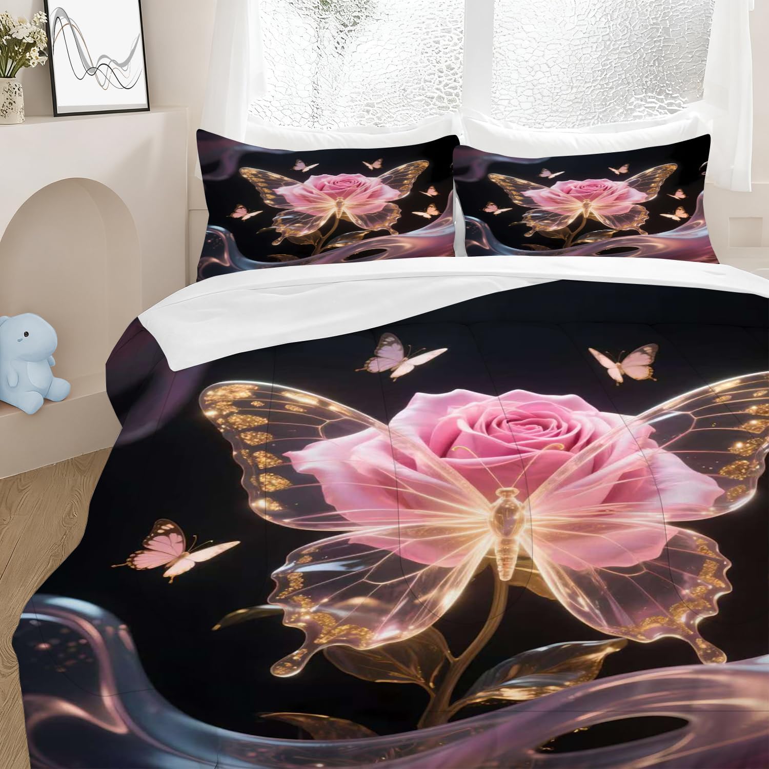 Butterfly Bedding Set Butterfly Full/Queen Comforter Set for Girls Kids Woman 3D Pink Rose Flower Quilt for Bedroom Decor Black Cute Bedding 1 Comforter + 2 Pillow Cases