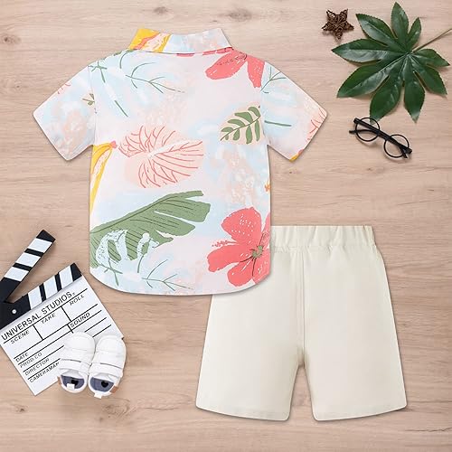 Miniatura 3 de Yruiz Conjunto de traje hawaiano para niño pequeño, camisa floral de verano con corbatín + pantalones cortos