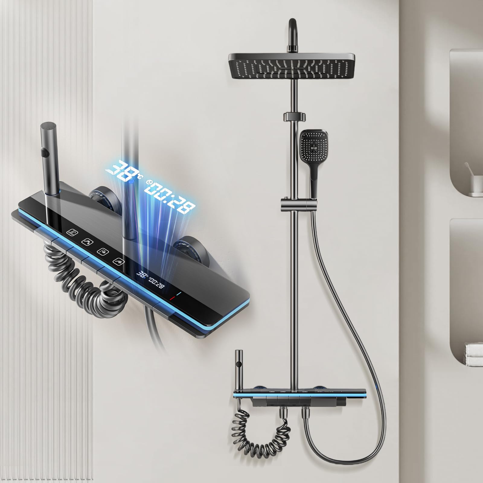 Colonna Doccia con Display LED Digitale, Sistema Doccia con Illuminazione d'Ambiente, Doccetta Regolabile in Altezza, 4 Tipi di Getto, Sistema Doccia a Parete con Tasti Tipo Pianoforte, Grigio