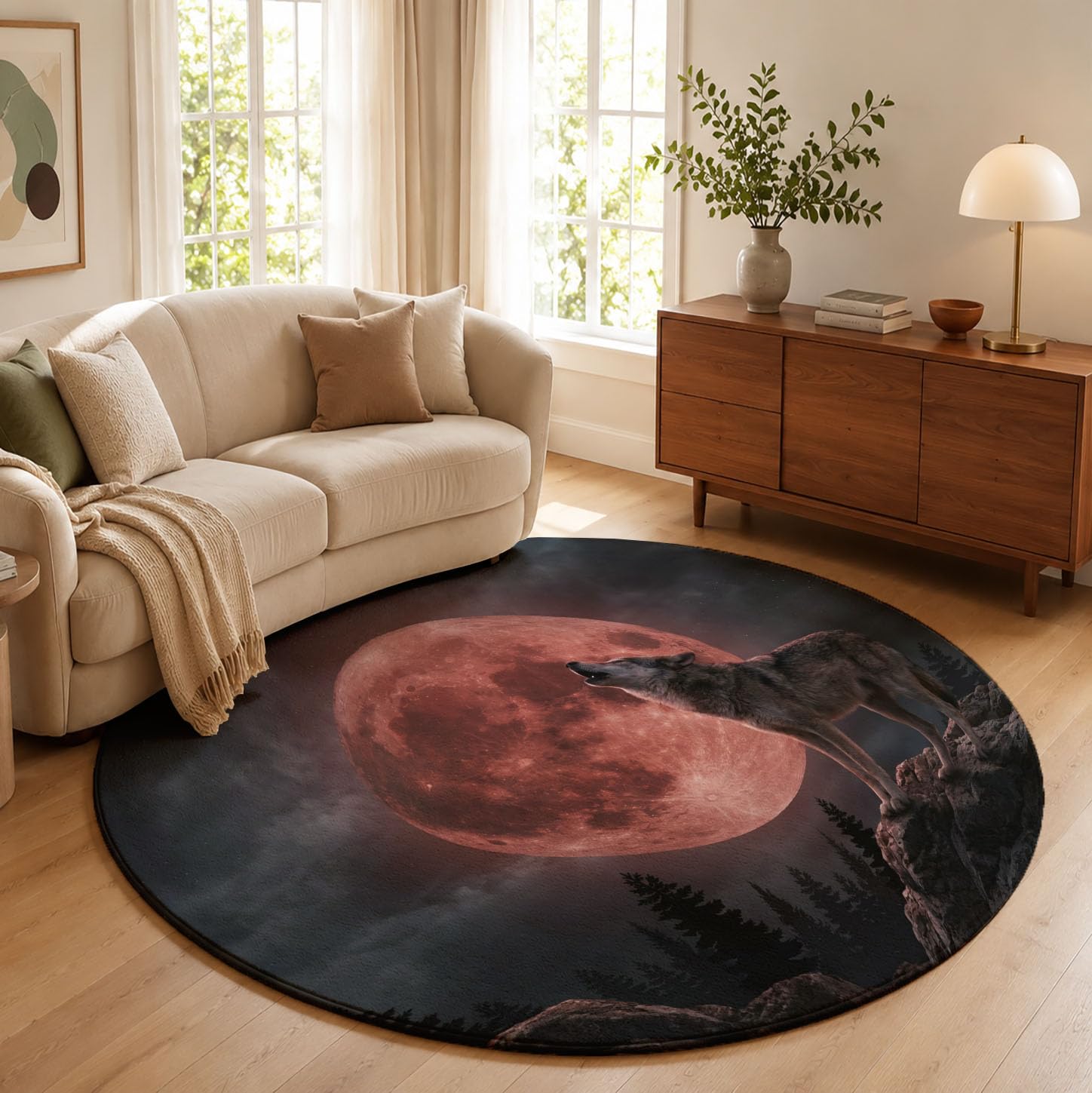 Tapis Rond Lavable Lune De Sang Loup Hurlant 160cm | Tapis Créature De Dark Fantasy Antidérapants Salon Lavable en Machine pour pour Salle à Manger, Entrée, Cuisine, Rouge Foncé