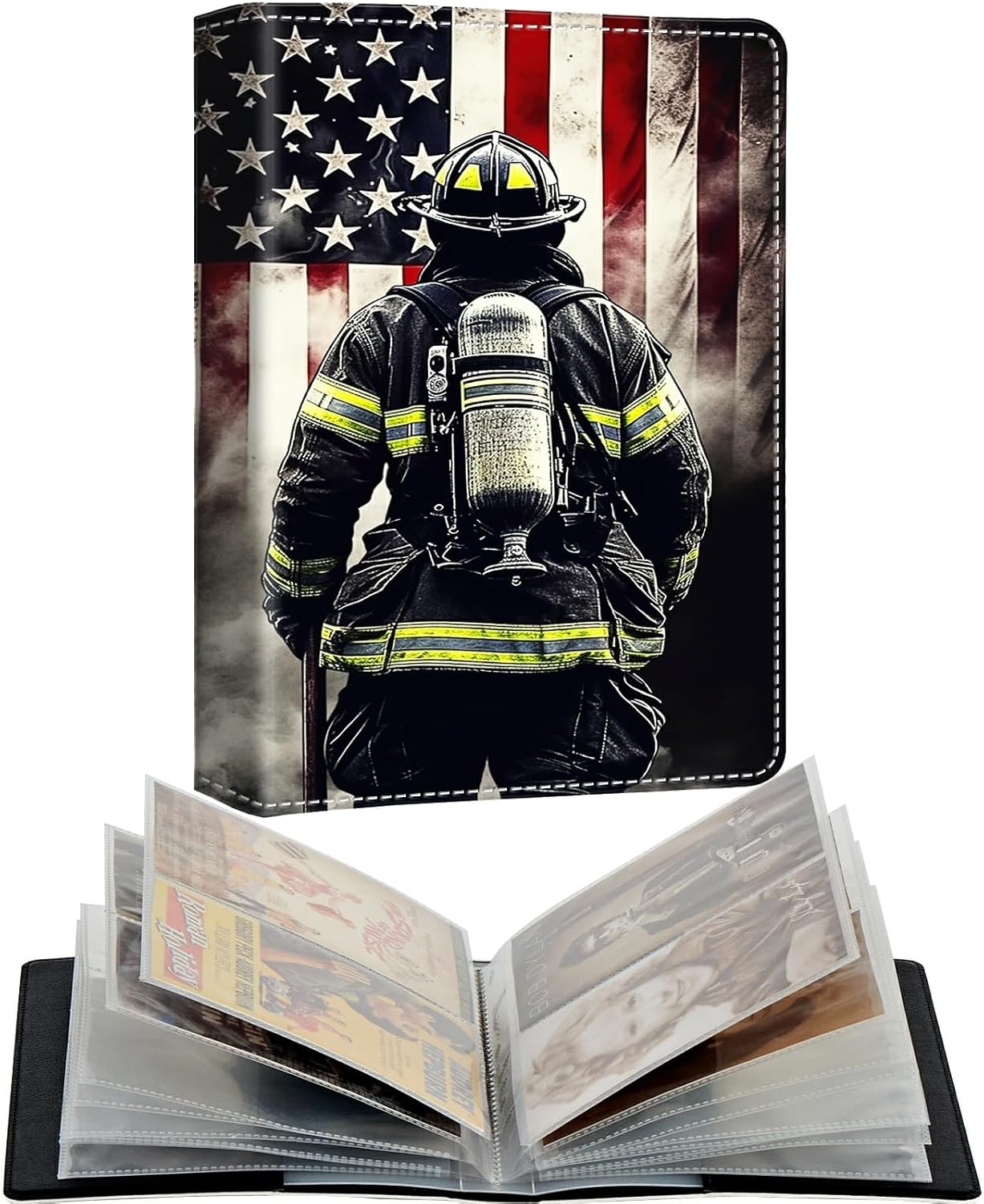 Photo Album 5x3.5" 80 Photos Pockets PU Leather Cover Photo Albums with Inner Transparent Pockets and Elastic Band Design for Family Anniversary Wedding Baby Pets,Flag Firefighter