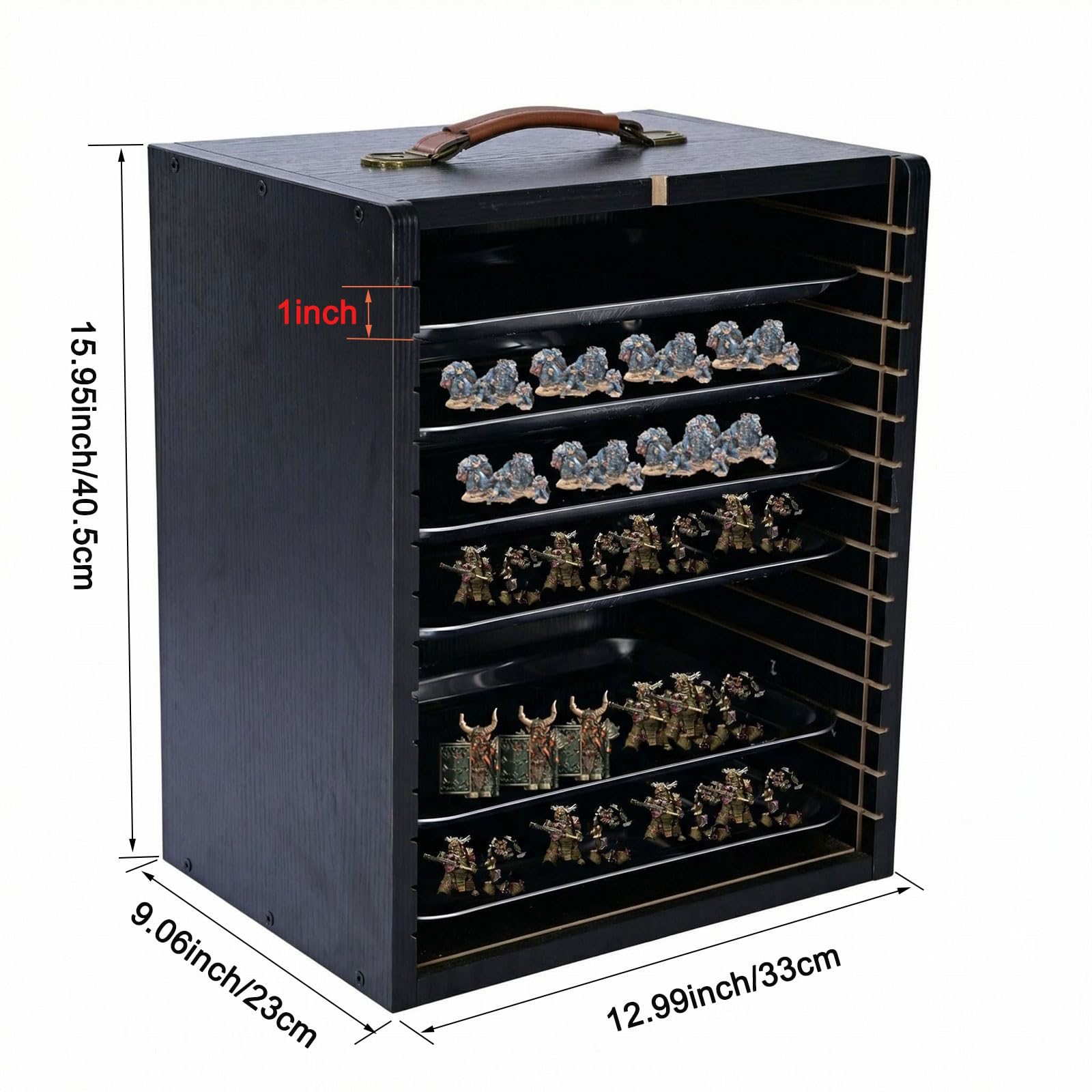 Miniatura valigetta in legno con vassoi per action figure