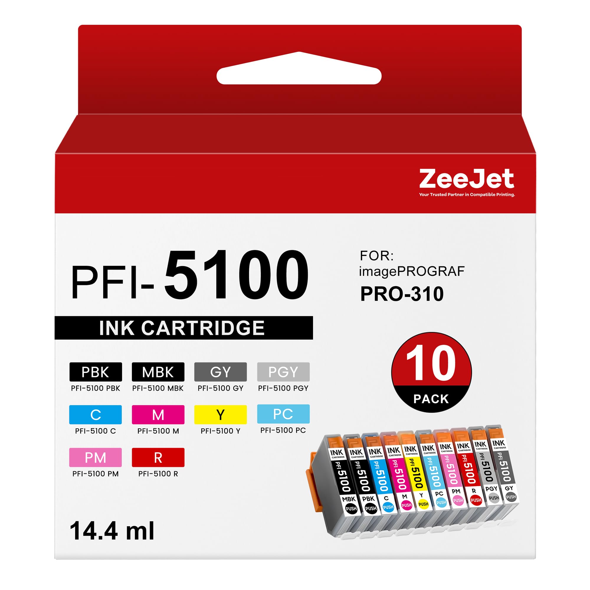 Zeejet PFI-5100 Ink Cartridges Replacement for Canon PFI5100 PFI-5100 Ink Tank for ImagePROGRAF PRO-310 Printer Ink 10-Colors Value Pack (MBK, PBK, C,