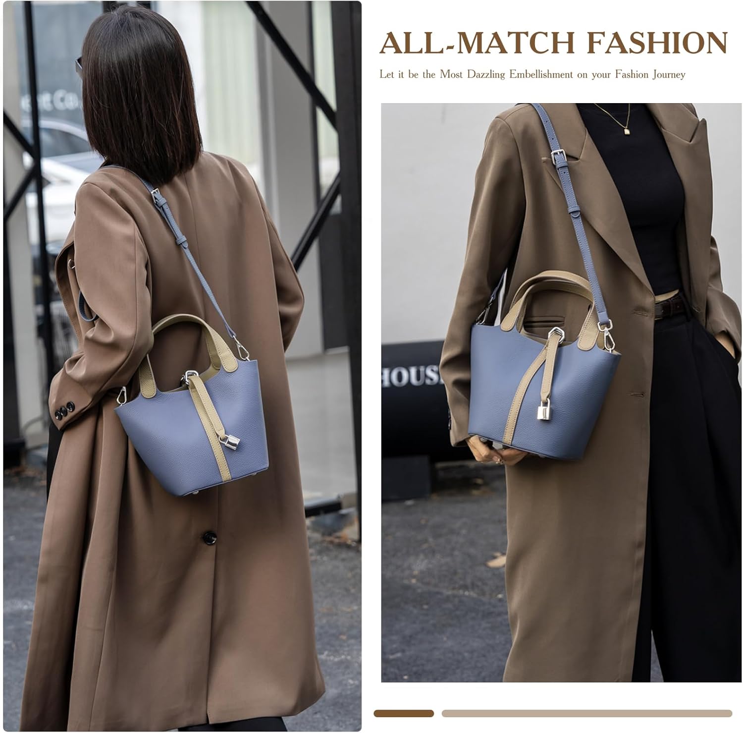 Genuine Leather Bucket Bags for Women,Vegetable Basket Crossbody Women's Shoulder Handbags with Zipper Closed - Image 8