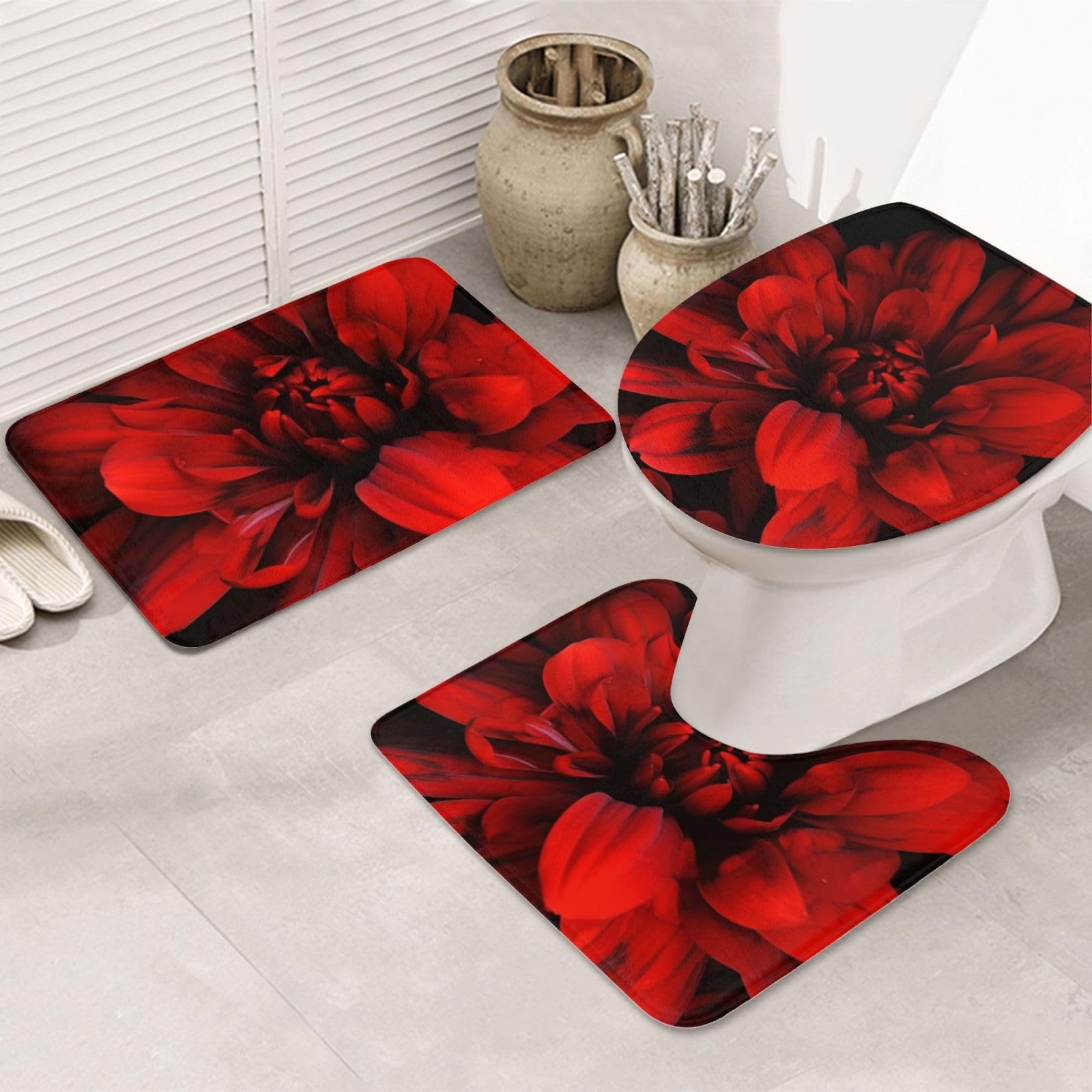Tapis de salle de bain anti-glisse lot de 3 en U absorbant motif floral rouge