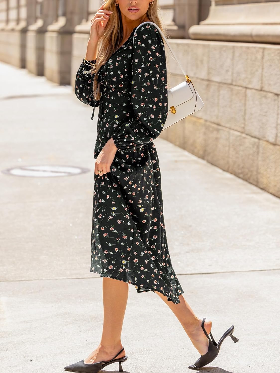 CUPSHE Women Fall Dresses for Women Tie Front Lace V Neck Long Sleeve Floral Smocked A Line Casual Mini Dress - Image 3