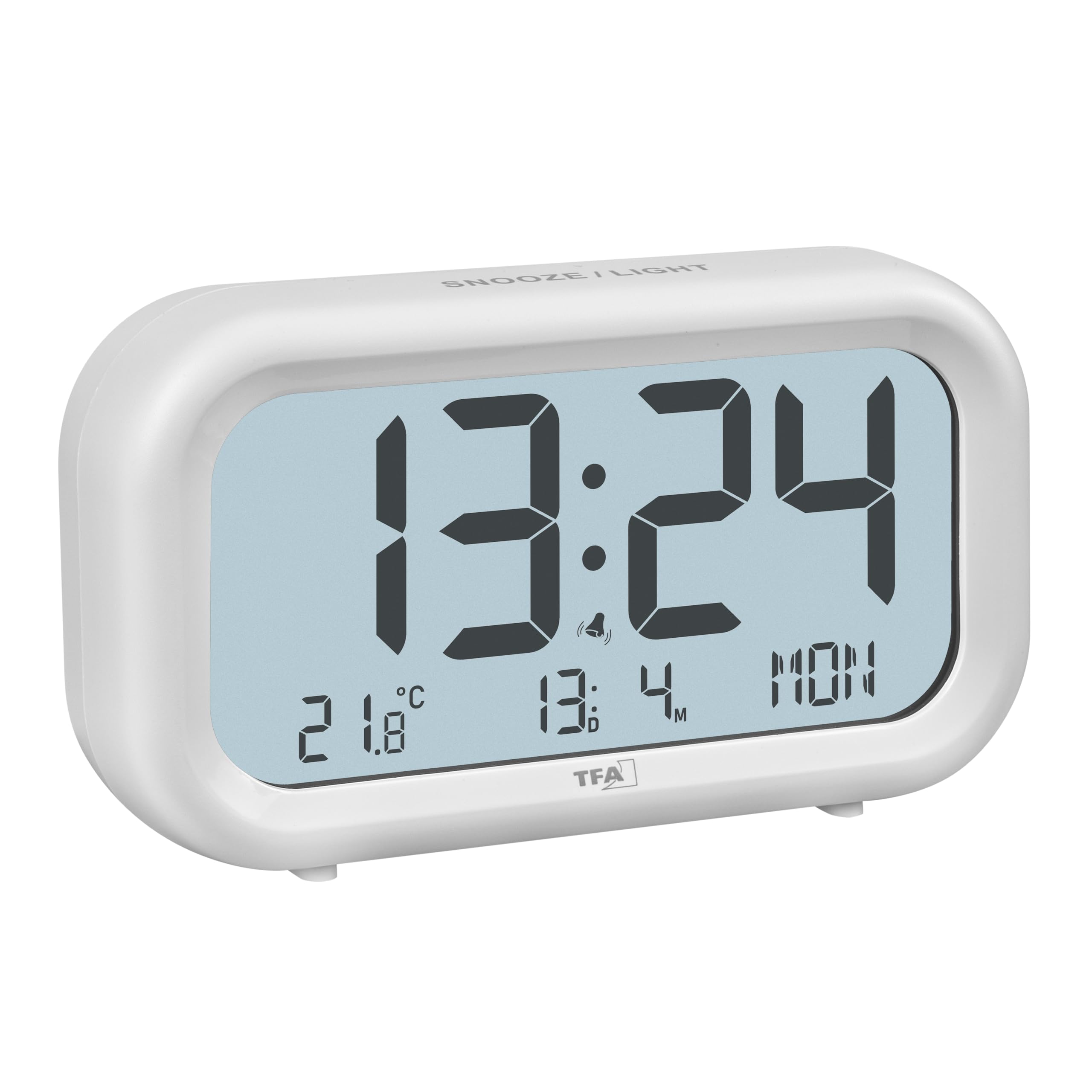 TFA Dostmann Nocta 60.2052.02 Digital Alarm Clock, LCD Display with Large Time Display, Snooze Function, Room Temperature, Weekday Display Including Date, Loud Alarm, White