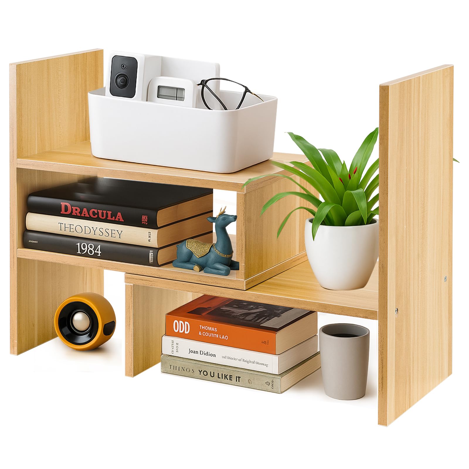 Toemics Adjustable Desktop Bookshelf Expandable Wooden Desk Organiser, Small Desktop Storage Rack for Books, Office Supplies, Space-Saving Bookcase for Home Office (Natural)