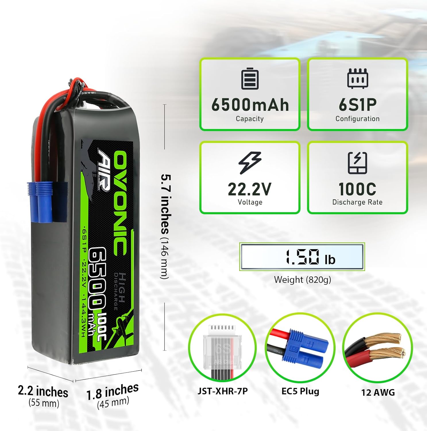OVONIC Lipo Battery 6500mAh 100C 22.2V 6S RC Battery with EC5 Connector for RC Plane DJI Quadcopter RC Airplane RC Helicopter RC Car Truck Boat 2pcs