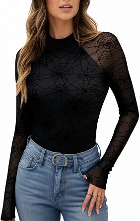 BemorRun Floral Mesh Top for Women Mock Neck Long Sleeve Floral Shirts Double Layered Going Out Tops Fall Outfits