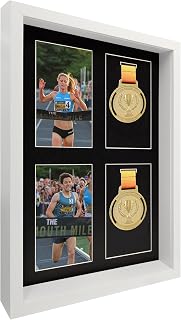 MedalAwardsRack Shadow Box Display (4 Medals) – Wall-Mounted, Tempered Glass, Wood Frame – Marathon, Triathlon, and More - White