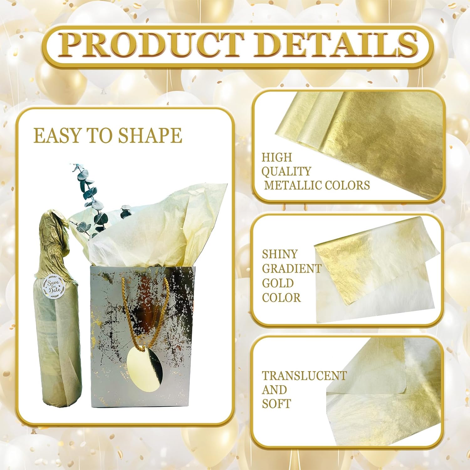 40 Sheets, 20" x 26", Large Size Gold Gradient White Style Gift Wrap Printed Tissue Paper for Weddings, Birthday Parties, Party Decorations, Gift Wrap, Crafts, Gift Bags, Mother's Day, Crafts image 3