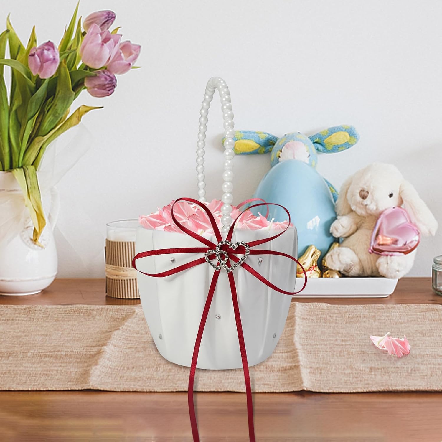 2 Pcs Wedding Flower Girl Baskets, Double Heart Flower Storage Basket with Cute Pearl Handle Bowknot for Wedding Ceremony (Red)