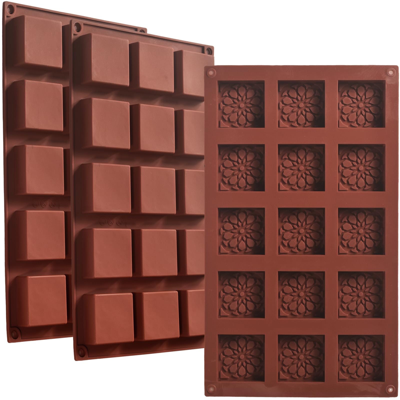 15 Cavities Square Silicone Molds, Non-Stick, Food Grade, Flexible, and Durable Molds for Baking, Soap Making, Candy, Dessert, Ice Cube and Crafts, Pack of 3