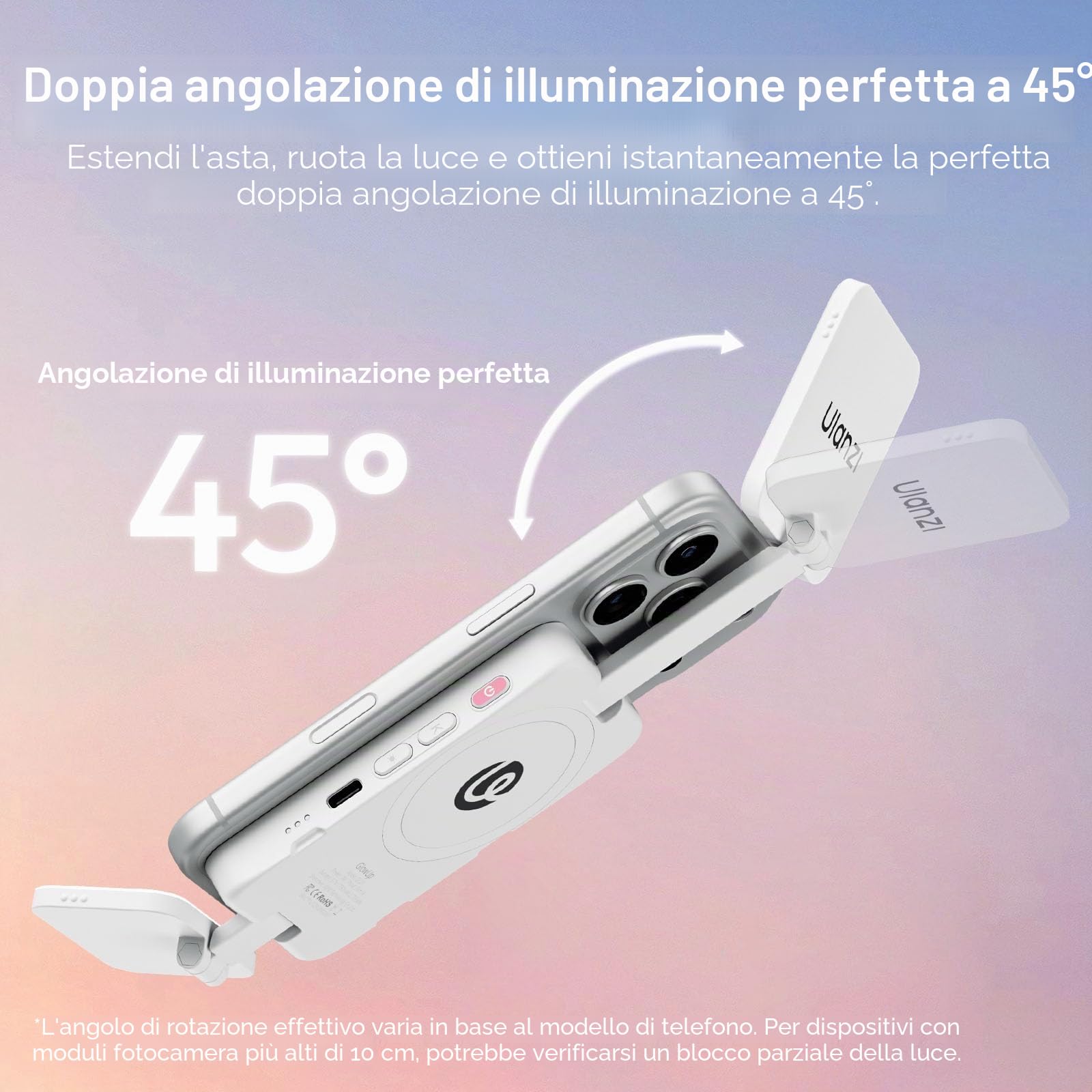ULANZI GL01 Luce per telefono, Phone selfie light quadrati con asta regolabile a 45°, 2500K-6500K, Luce fotografica portatile per riprese nightout, Compatibile con iphone 17/16/15 non promax