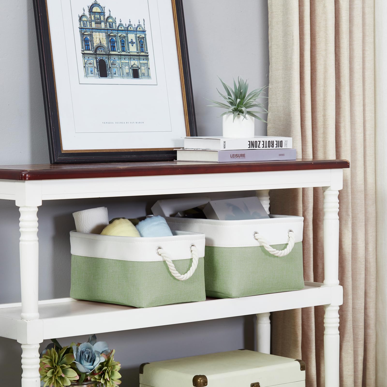 Mangata Cesta de almacenamiento de tela suave, caja de almacenamiento con asas de cordón, cestas contenedoras rectangulares para armario, vestidor, baño, estante, 36 x 26 x 18 cm, Verde y Blanco