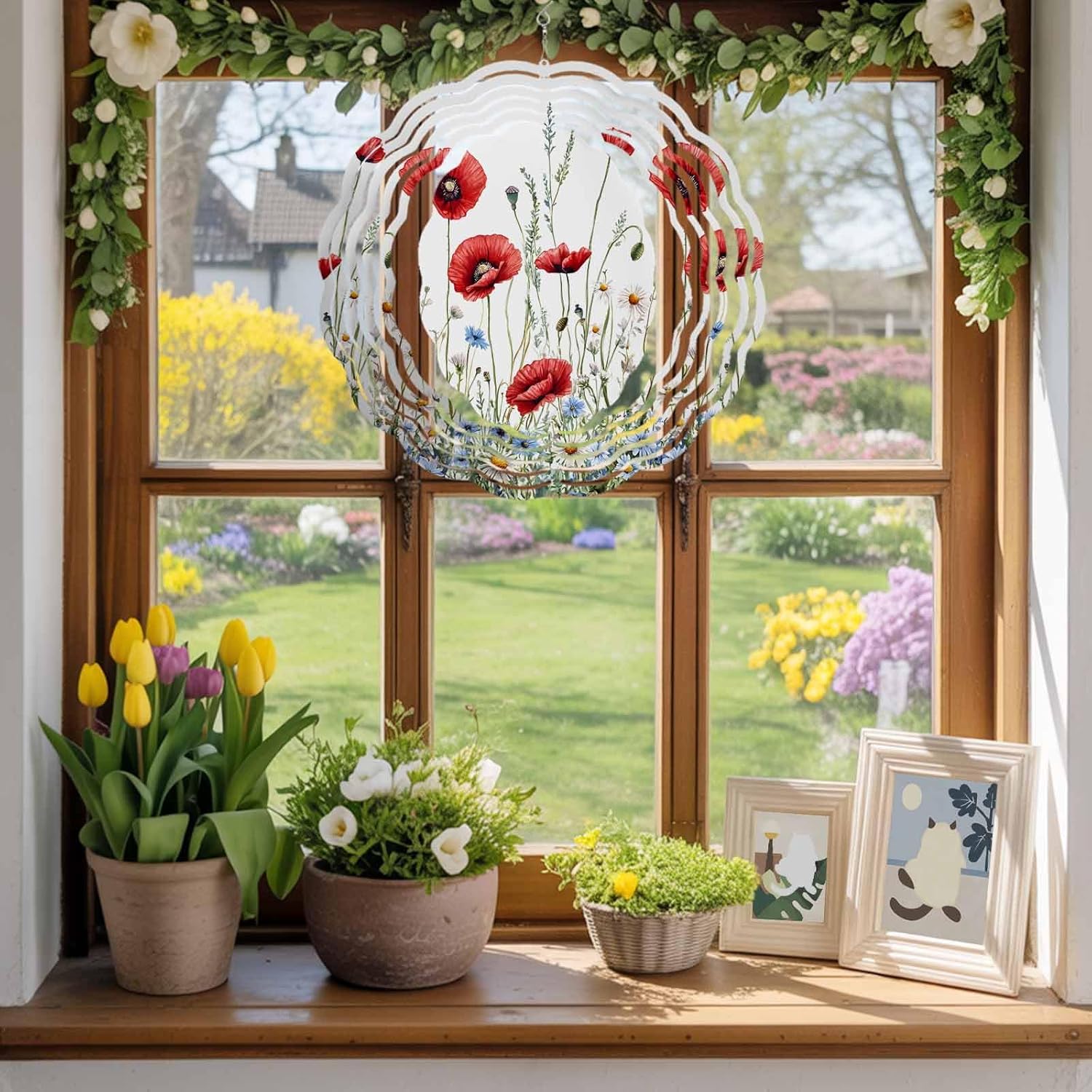 Spring Red Concubine on White Wind Spinner for Garden Yard 3D Stainless Steel Hanging Wind Spinners, Colorful Flower Leaves Spinners Outdoor Metal Decor for Lawn Patio Home