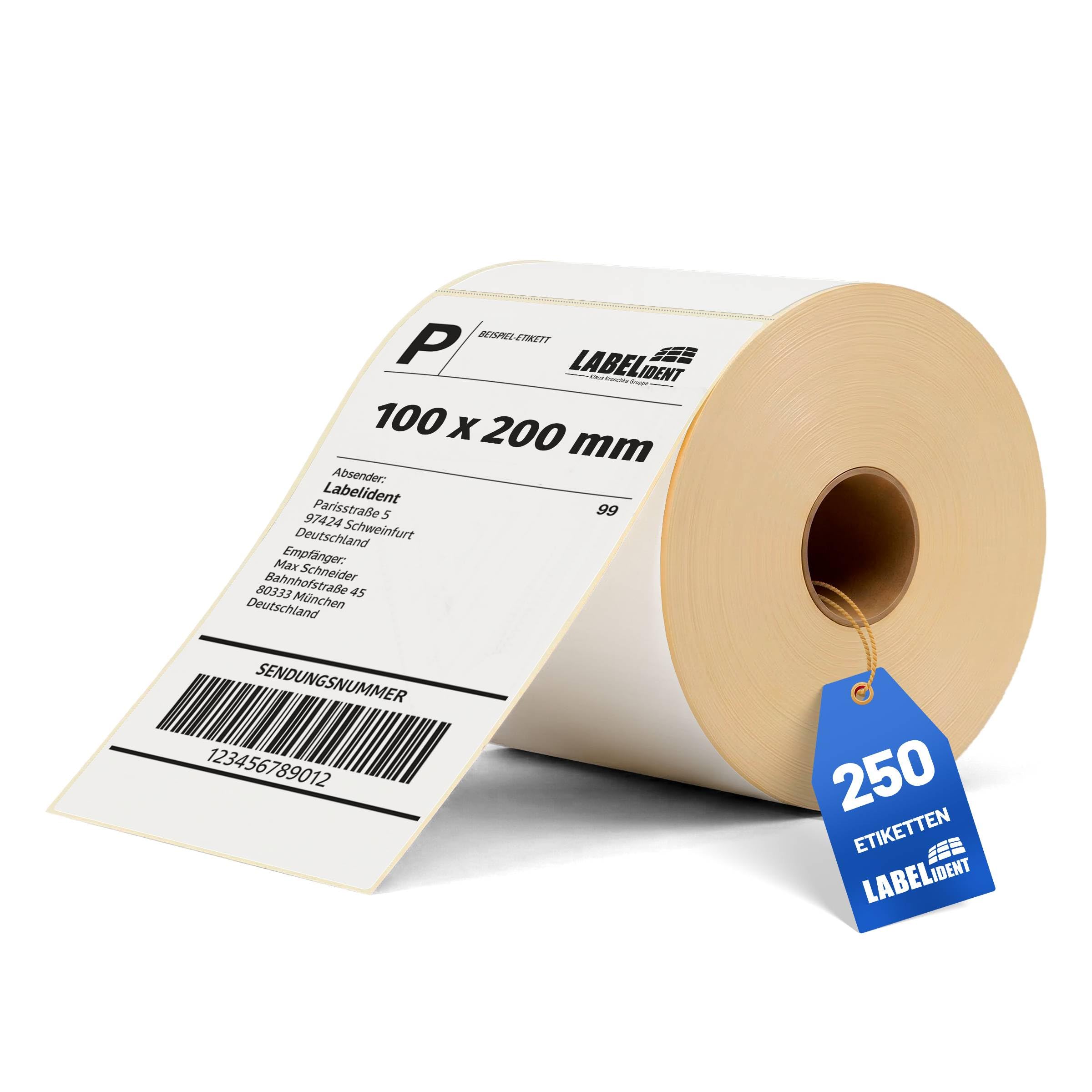 Labelident Versandetiketten 100 x 200 mm - 250 Thermoetiketten auf Rolle | Stark selbstklebende Thermodirekt-Labels für DHL, DPD, FedEx, GLS, Hermes, UPS, Zebra