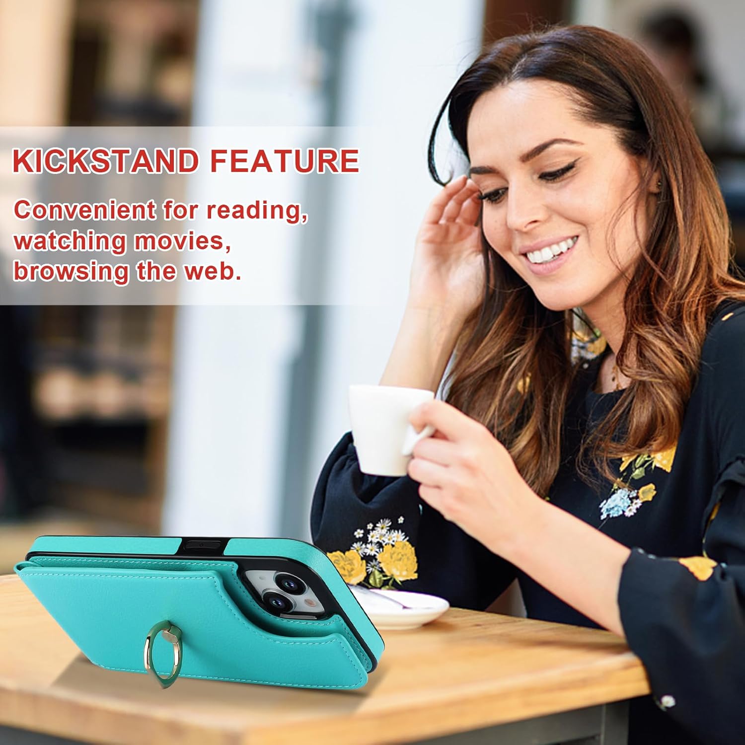 Folosu Compatible with iPhone 15 Plus Case Wallet with Card Holder, 360°Rotation Finger Ring Holder Kickstand, RFID Blocking Leather Protective Double Buttons Shockproof Cover 6.7 Inch Green