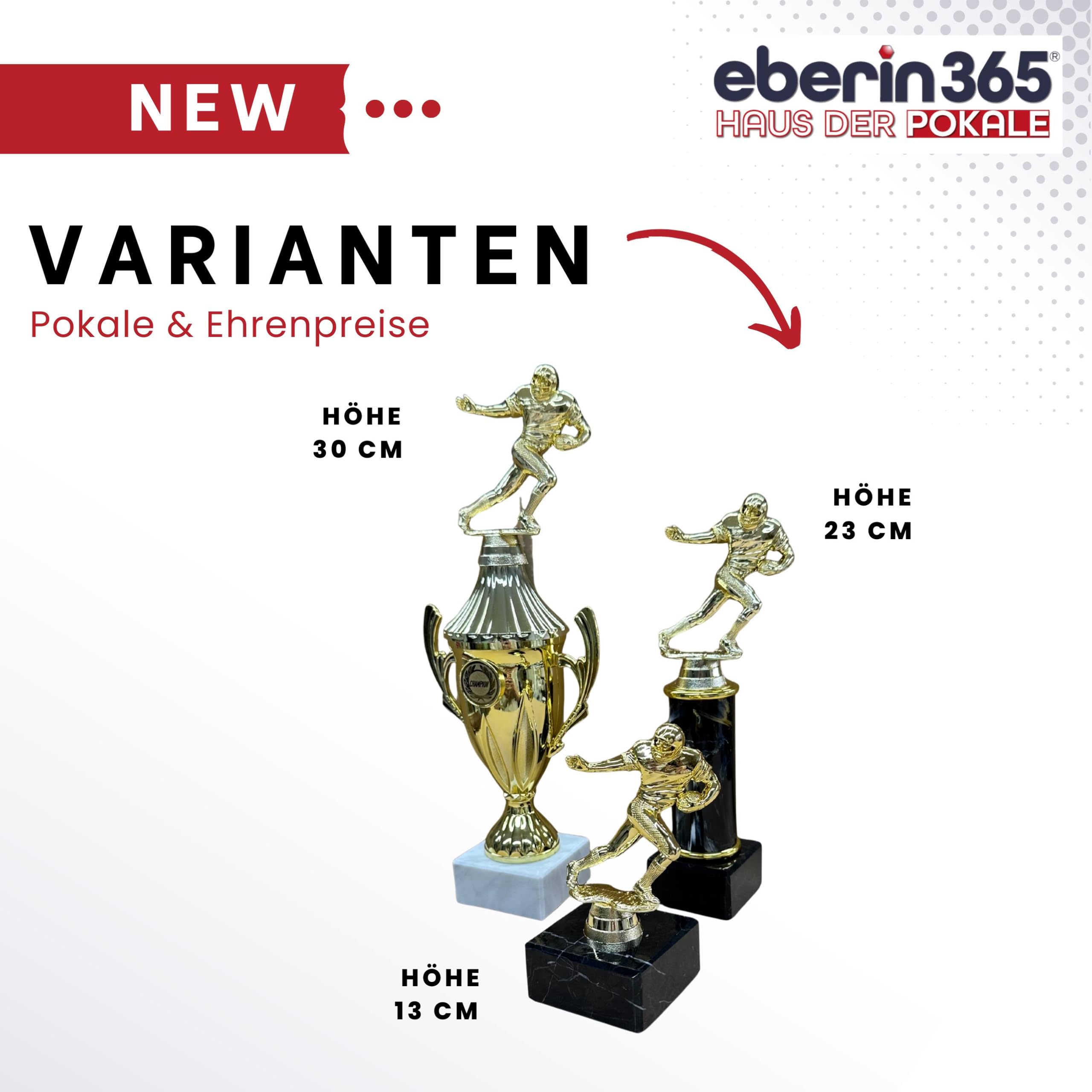 3er Set American Football Pokale in Goldoptik, mit Marmor- & Pokalsockel, inkl. Gravurschildern | ca. 13 cm, 23 cm & 30 cm hoch | ideal für Turniere, Teams & Ehrungen