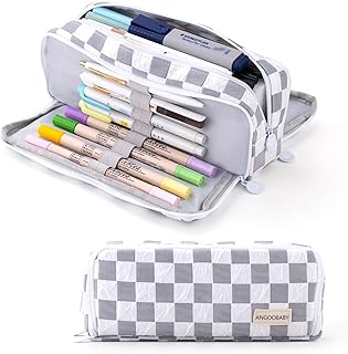 Large Pencil Case, Checkered Pencil Pouch, Big Capacity 3 Compartments, Portable Pencil Box for Kids, Grey Preppy Pencil Case, Canvas Pencil Pouch for Teen Boys Girls School Students