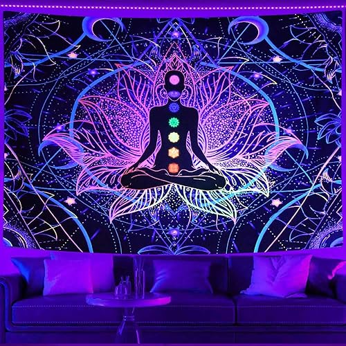 Miniatura 2 de JAWO Tapiz de 7 chakras con luz negra, decoración zen, yoga reactivo a los rayos UV, decoración zen, mandala hippie bohemia, tapices espirituales