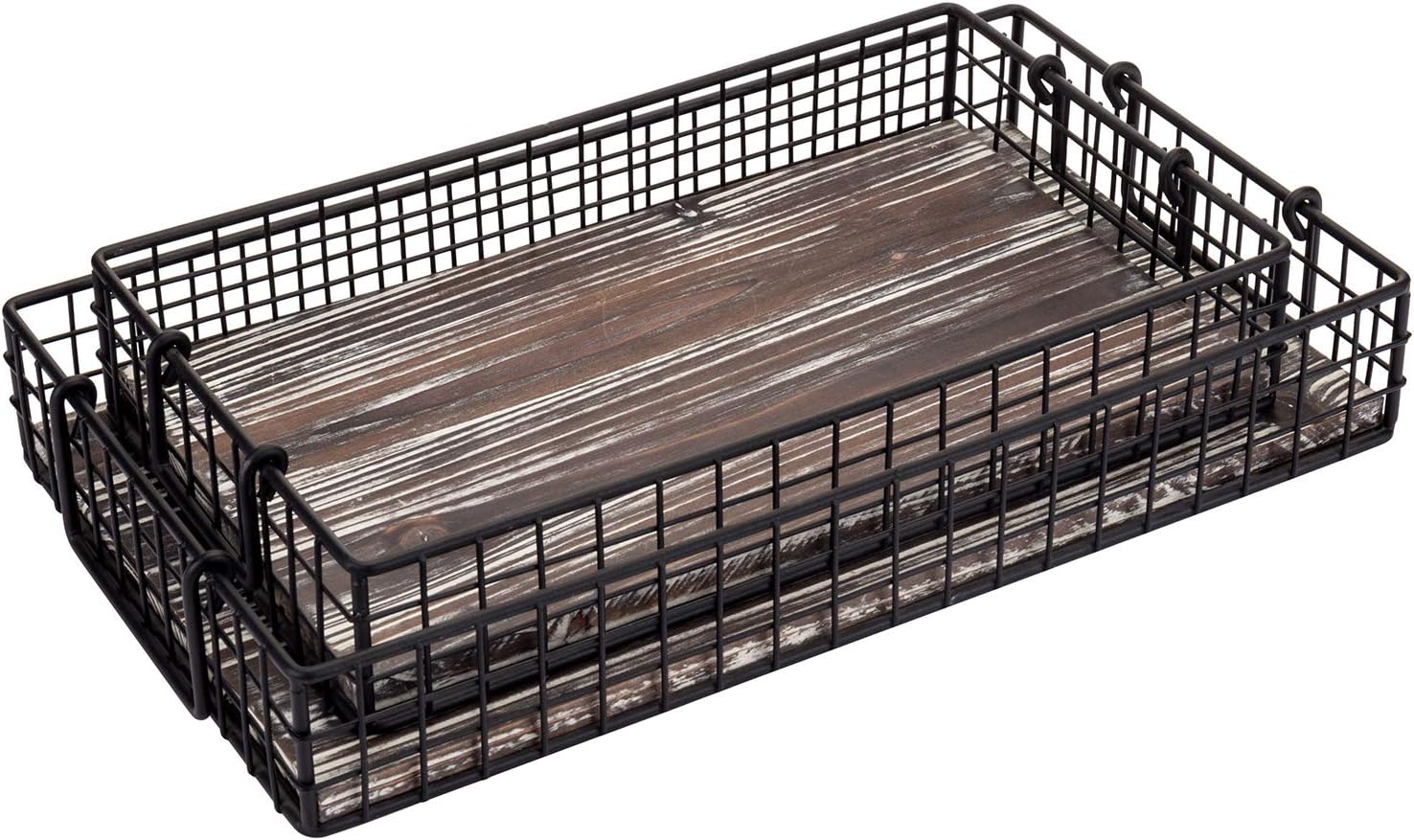 MyGift 16 and 14 Inch Large Nesting Countertop Storage Baskets with Handles, Rustic Torched Wood and Black Metal Wire Decorative Shelf Organizer Bins, 2 Piece Set