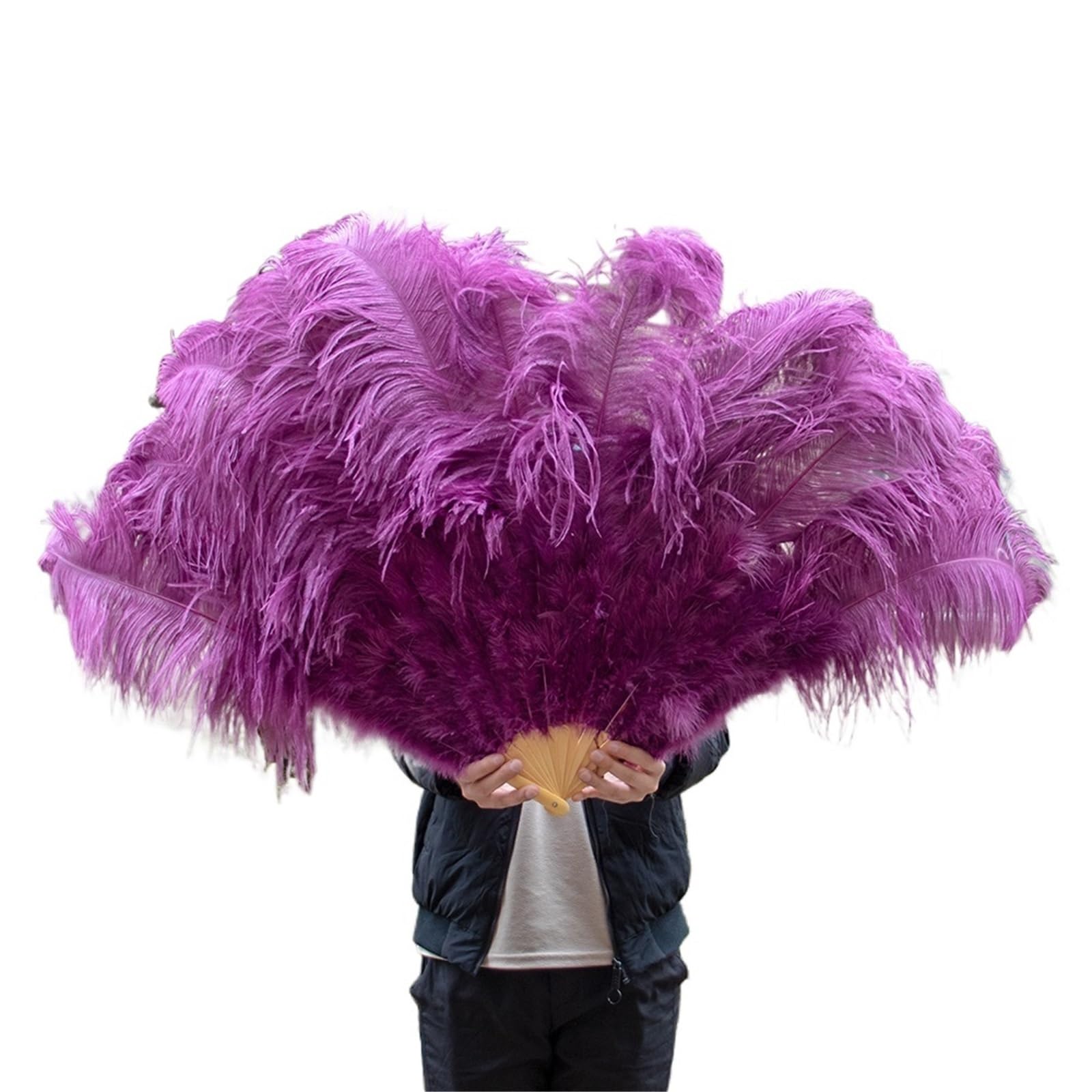 Éventail pliable en plumes d'autruche 13 os grand format pour fête