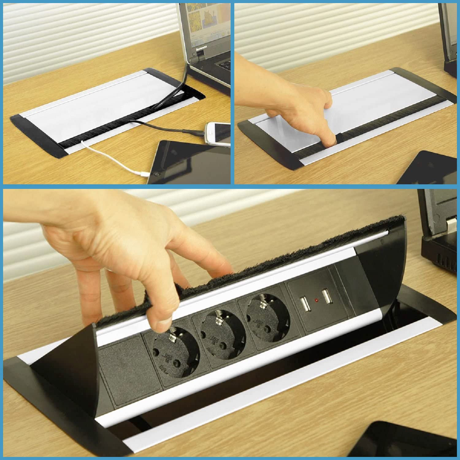 Multipresa a scomparsa da incasso, prese da incasso a scomparsa con 3 prese Schuko, Presa multipla da incasso con 2USB 2.0, Multipresa da incasso per tavolo,scrivania e piani di lavoro EL4403U