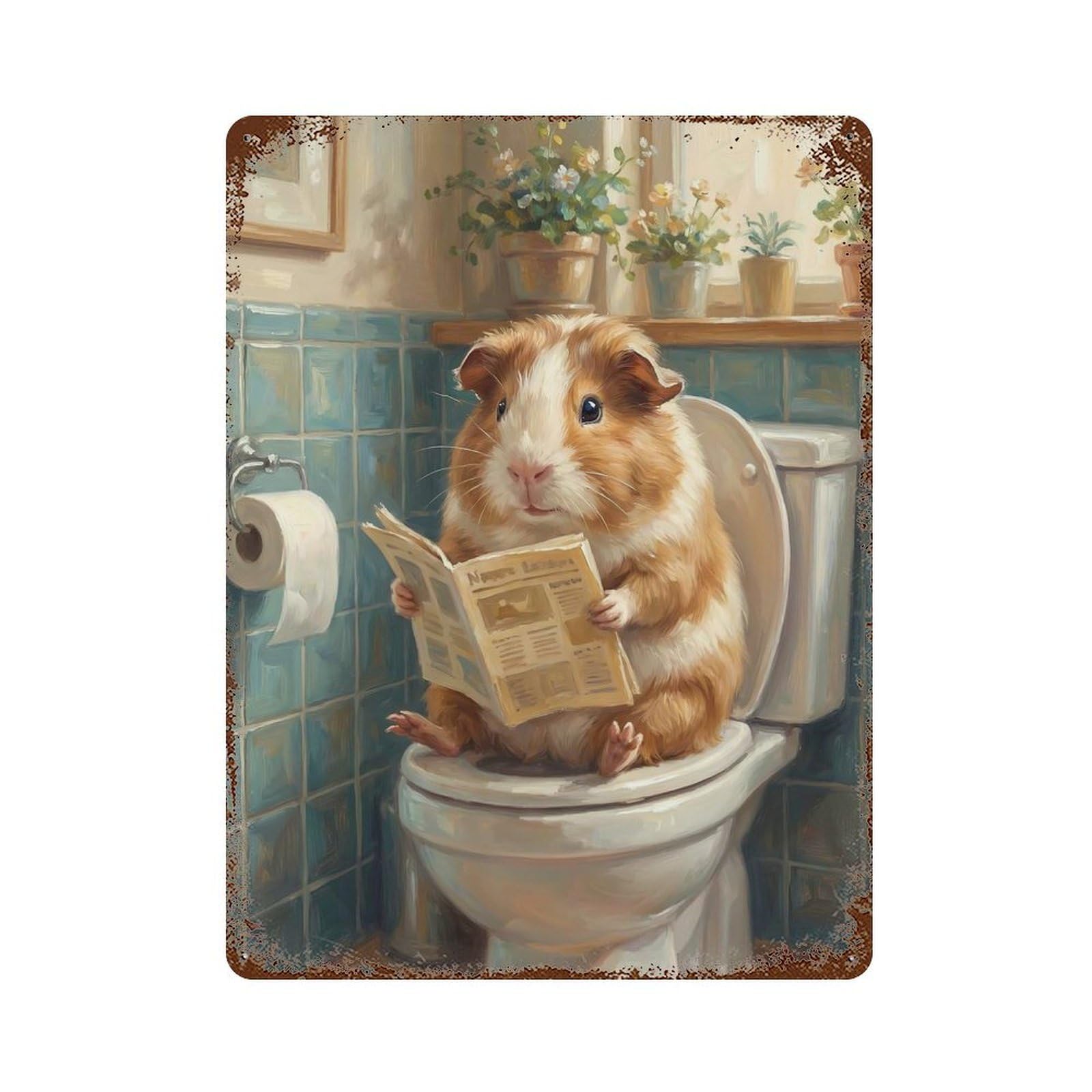 Garage Style Guinea Pig Reading Newspaper on Toilet Distressed Metal Wall Sign 15.7"x11.8", Farmhouse Wall Decor for Bar And Workshop